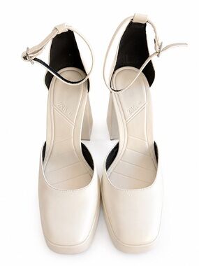 Zara White Chunky Block Heel Ankle Strap Pumps EU 41 US 10 Square Toe